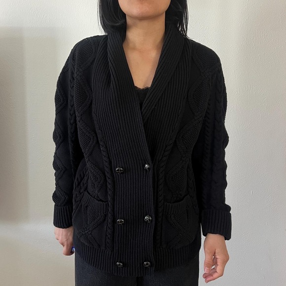 90s black grandpa sweater button down shawl collar cable knit cardigan large - Picture 4 of 13